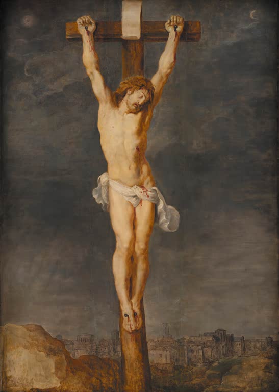 Peter Paul Rubens Christus am Kreuz, Kopenhagen Kunstkopie, Gekreuzigter vor dunklem Himmel und Stadtsilhouette