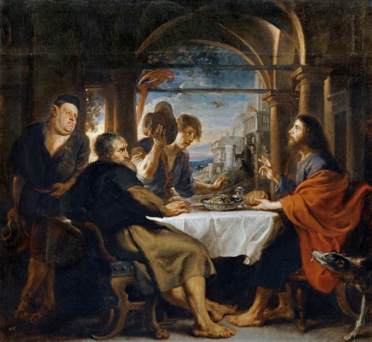 Peter Paul Rubens Christus in Emmaus Kunstkopie, Christus im orangefarbenen Mantel am gedeckten Tisch mit den Jüngern