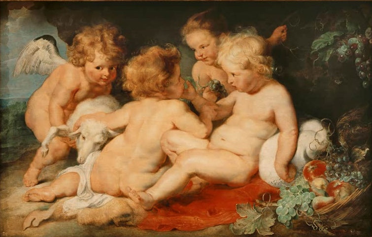 Peter Paul Rubens Christuskind mit Johannesknaben und zwei Engeln Kunstkopie, spielende Kinder mit Lamm und Früchtekorb