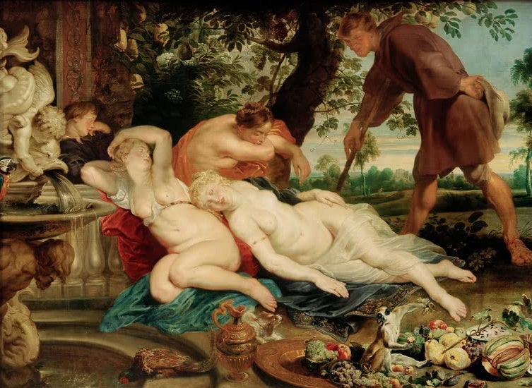 Peter Paul Rubens Cimon und Efigenia Kunstkopie, schlafende Frauen am Brunnen, Hirte im Hintergrund, Affe und Früchte