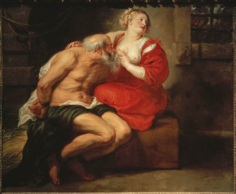 Peter Paul Rubens Cimon und Pero Kunstkopie, Frau in rotem Kleid stillt den gefesselten Vater im Kerker