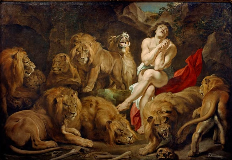 Peter Paul Rubens Daniel in der Löwengrube Kunstkopie, betender Daniel mit rotem Tuch zwischen mächtigen Löwen