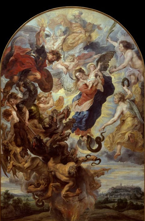 Peter Paul Rubens Das apokalyptische Weib Kunstkopie, Frau mit Kind auf der Mondsichel, Michael und der Drache