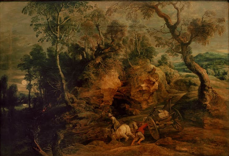 Peter Paul Rubens Das festgefahrene Fuhrwerk Kunstkopie, Wagen im Felsengelände, Fuhrmann mit Pferd, Mond über dem Wald