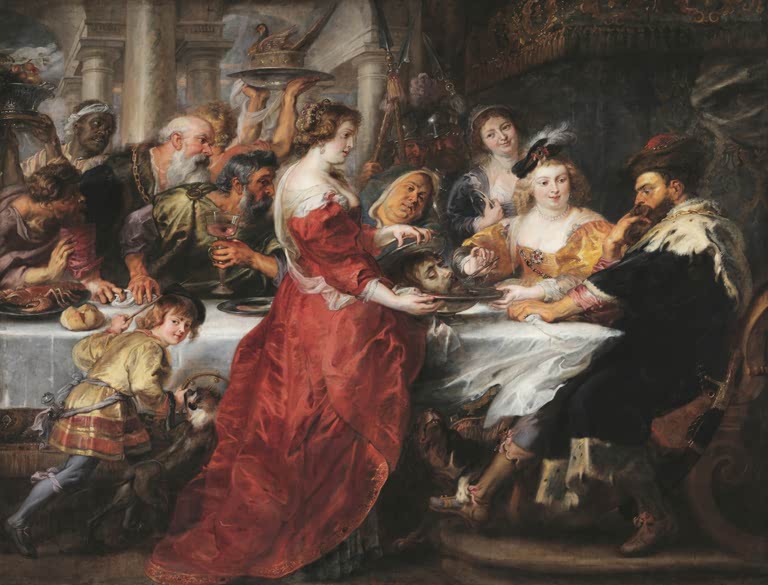 Peter Paul Rubens Das Gastmahl des Herodes Kunstkopie, festliche Tafelrunde mit Frau in rotem Kleid und dem Haupt des Täufers