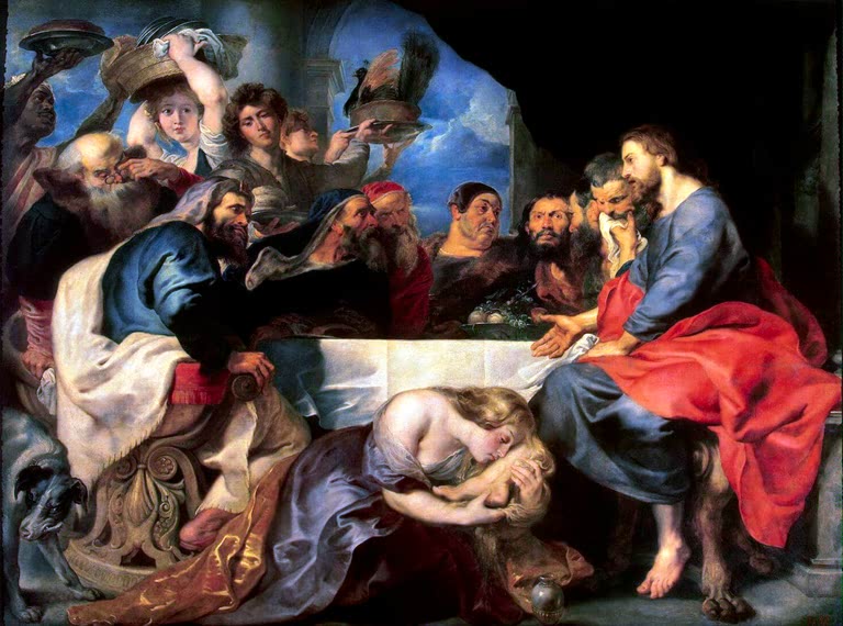 Peter Paul Rubens Das Gastmahl im Haus des Pharisäers Simon Kunstkopie, Maria Magdalena zu Füßen Christi an der Tafel