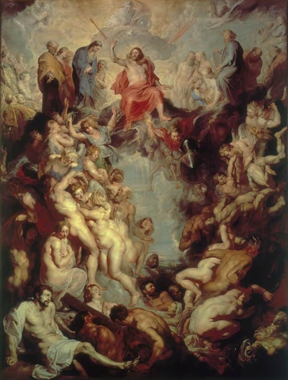 Peter Paul Rubens Das Große Jüngste Gericht Kunstkopie, Christus im roten Mantel über Auserwählten und stürzenden Verdammten