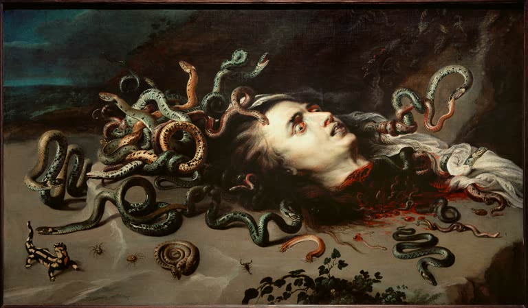 Peter Paul Rubens Das Haupt der Medusa Kunstkopie, abgeschlagenes Haupt mit Schlangenhaar, Skorpion und Salamander