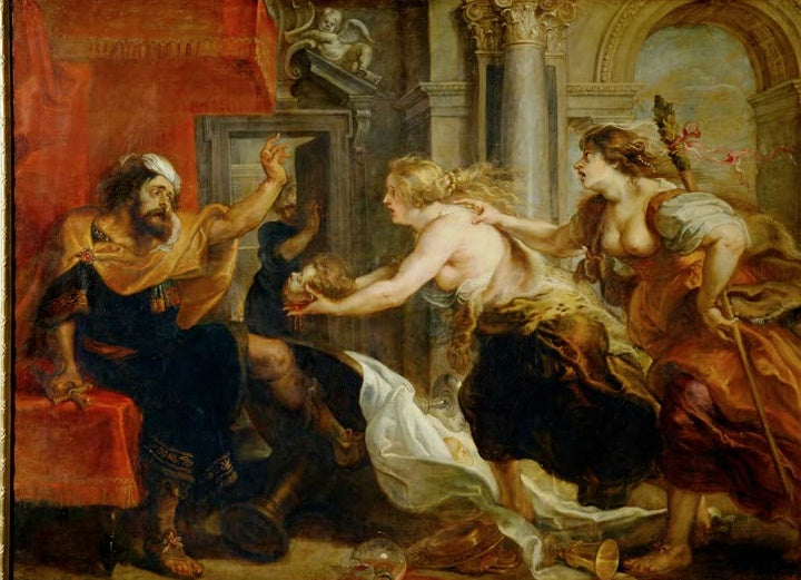 Peter Paul Rubens Das Mahl des Tereus Kunstkopie, König weicht zurück, zwei Frauen reichen ihm einen Kopf