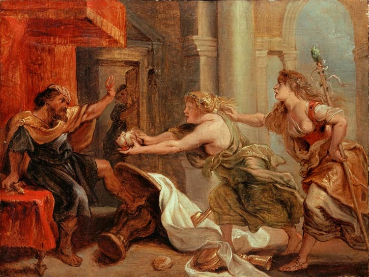 Peter Paul Rubens Das Mahl des Tereus Kunstkopie, Ölskizze mit zurückweichendem König und zwei Frauen mit Kopf in Händen