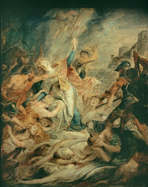 Peter Paul Rubens Das Martyrium der heiligen Ursula Kunstkopie, Heilige im blauen Gewand zwischen Soldaten und Gefährtinnen