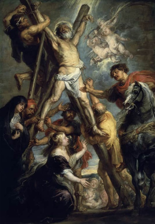 Peter Paul Rubens Das Martyrium des heiligen Andreas, Prado Kunstkopie, Andreas am Kreuz, Trauernde und Reiter