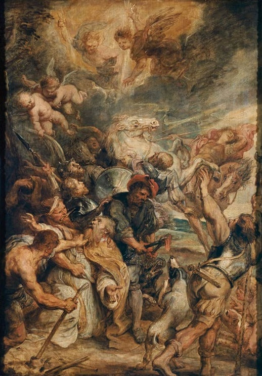 Peter Paul Rubens Das Martyrium des heiligen Livinus Kunstkopie, Bischof bedrängt von Soldaten, Engel und Pferd im Sturm