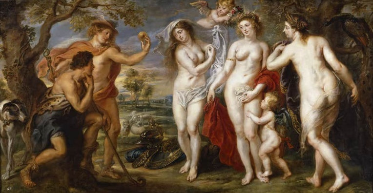 Peter Paul Rubens Das Urteil des Paris Kunstkopie, Paris und Merkur mit dem Apfel vor den drei Göttinnen in Landschaft