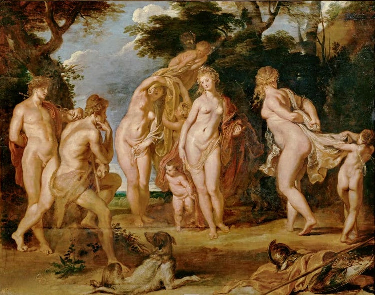 Peter Paul Rubens Das Urteil des Paris Kunstkopie, Merkur, Paris und drei Göttinnen mit Hund vor Bäumen und Himmel
