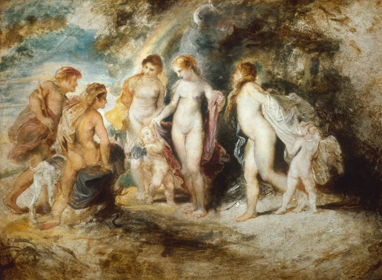 Peter Paul Rubens Das Urteil des Paris Kunstkopie, skizzenhafte Szene mit drei Göttinnen, Paris, Amor und Regenbogen
