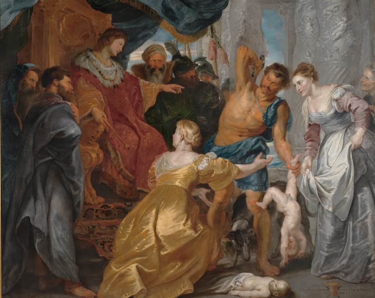 Peter Paul Rubens Das Urteil des Salomon Kunstkopie, König auf dem Thron, kniende Frau in Gelb und Henker mit Kind