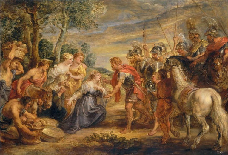 Peter Paul Rubens David und Abigail Kunstkopie, Krieger begegnet einer knienden Frau mit Gefolge und Brotkörben unter Bäumen