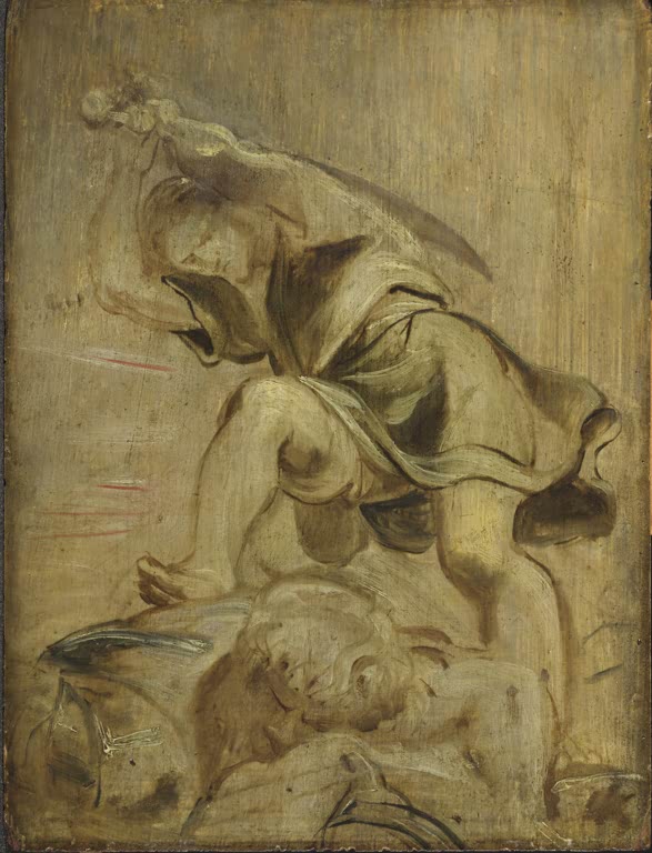 Peter Paul Rubens David und Goliath, Ölskizze Kunstkopie, David holt mit Schwert über dem gestürzten Riesen aus