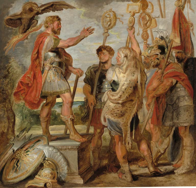 Peter Paul Rubens Decius Mus spricht zu den Legionen Kunstkopie, Feldherr auf Sockel vor Soldaten mit Standarten
