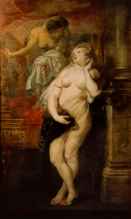 Peter Paul Rubens Dejanira von Fama verführt Kunstkopie, junge Frau mit Goldreif am Arm vor einer Säule, Fama im Hintergrund