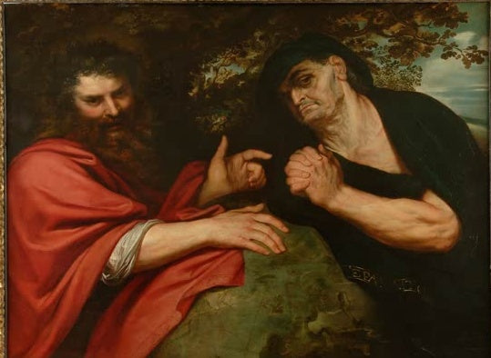 Peter Paul Rubens Demokrit und Heraklit Kunstkopie, lachender bärtiger Philosoph in Rot neben dem weinenden Philosophen