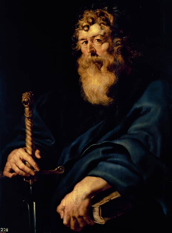 Peter Paul Rubens Der Apostel Paulus Kunstkopie, bärtiger Heiliger in blauem Mantel mit Schwert und Buch