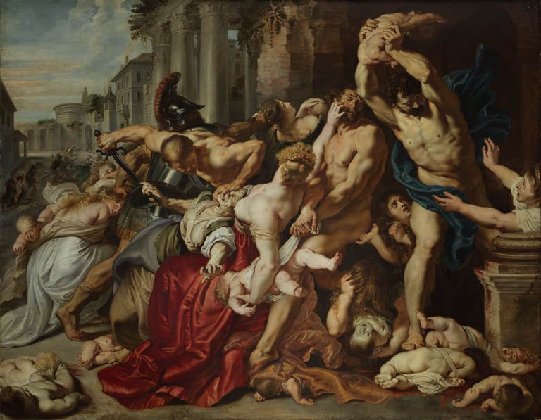 Peter Paul Rubens Der Bethlehemitische Kindermord Kunstkopie, Soldaten und Frauen im Handgemenge vor antiker Architektur