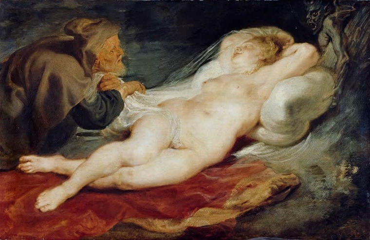 Peter Paul Rubens Der Einsiedler und die schlafende Angelica Kunstkopie, schlafende Frau auf rotem Tuch, Einsiedler