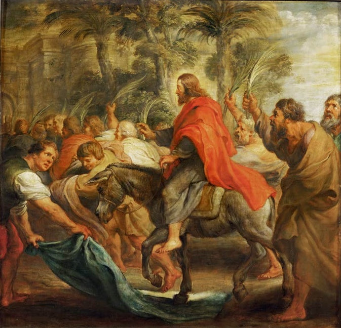 Peter Paul Rubens Der Einzug Christi in Jerusalem Kunstkopie, Christus im roten Mantel auf dem Esel unter Palmen