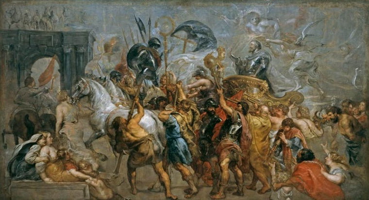 Peter Paul Rubens Der Einzug Heinrichs IV. in Paris Kunstkopie, Triumphwagen mit König im Harnisch und jubelnde Menge