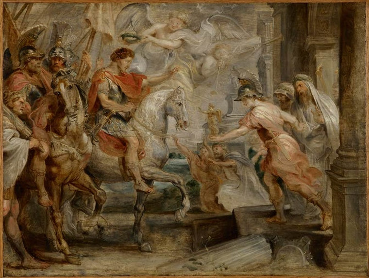 Peter Paul Rubens Der Einzug Konstantins in Rom Kunstkopie, Kaiser zu Pferd von Siegesgöttin bekränzt vor Kriegern