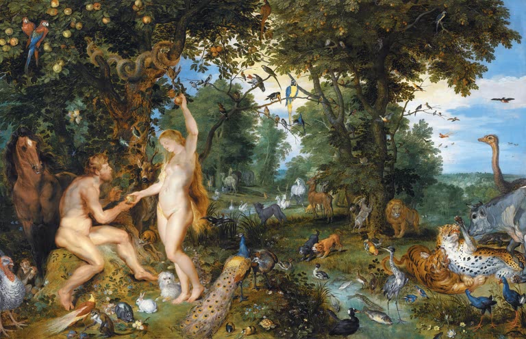 Peter Paul Rubens Der Garten Eden mit dem Sündenfall Kunstkopie, Adam und Eva unter dem Baum mit Papageien, Pfau, Löwen