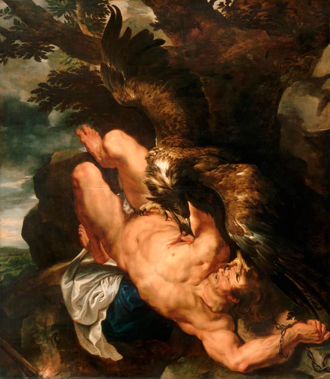 Peter Paul Rubens Der gefesselte Prometheus Kunstkopie, muskulöser Körper mit Adler an einem Felsen unter dunklen Baumkronen