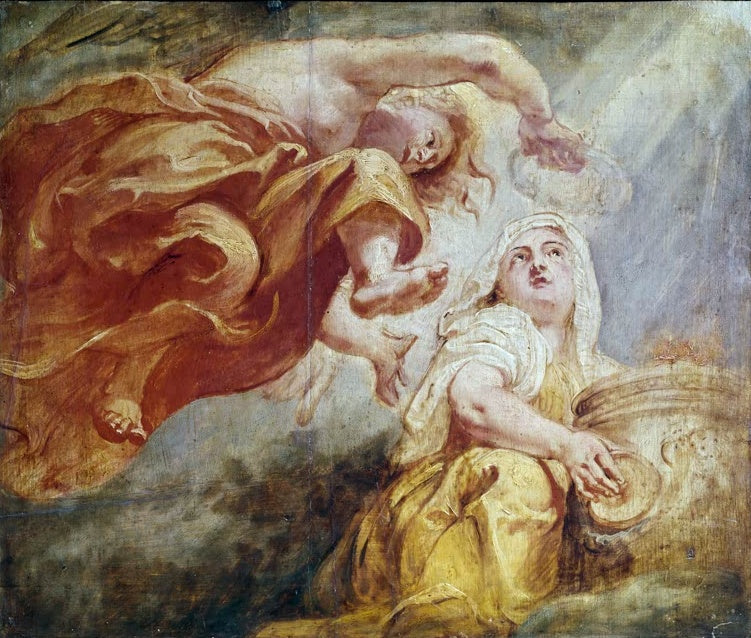 Peter Paul Rubens Der Genius krönt die Religion Kunstkopie, schwebende Gestalt in orangerotem Gewand über kniender Frau