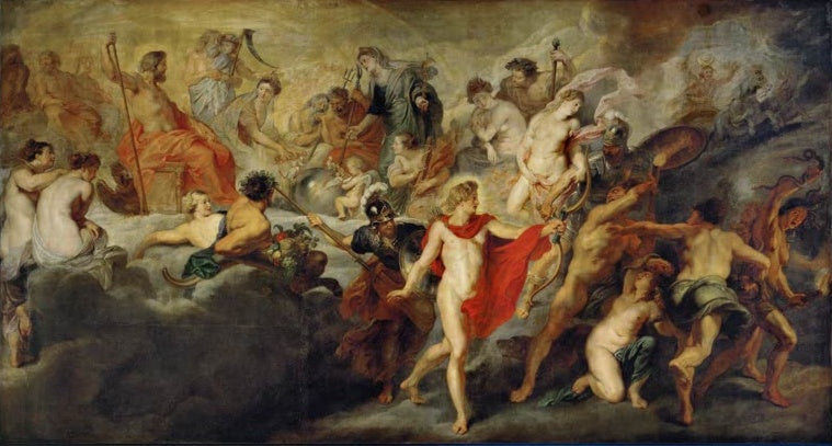 Peter Paul Rubens Der Götterrat, Louvre Kunstkopie, Götter auf Wolken, davor eine Gestalt mit rotem Umhang