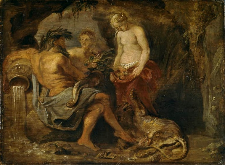 Peter Paul Rubens Der Gott der Schelde Kunstkopie, bärtiger Flussgott mit Wasserkrug, zwei Frauen mit Früchten und ein Löwe
