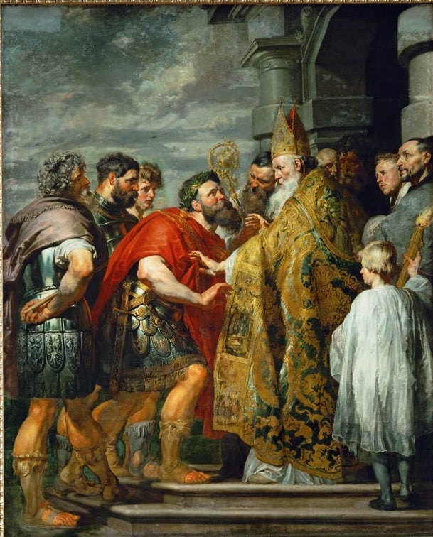 Peter Paul Rubens Der heilige Ambrosius und Kaiser Theodosius Kunstkopie, Bischof in goldenem Ornat vor Kaiser in Rot
