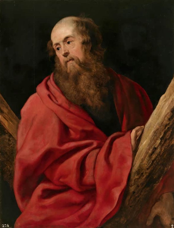 Peter Paul Rubens Der heilige Andreas Kunstkopie, bärtiger Apostel in rotem Mantel am Holzkreuz vor dunklem Grund