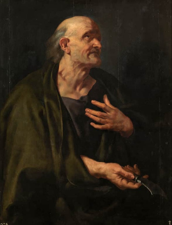 Peter Paul Rubens Der heilige Bartholomäus Kunstkopie, kahlköpfiger Apostel mit Messer, Hand auf der Brust, Blick nach oben
