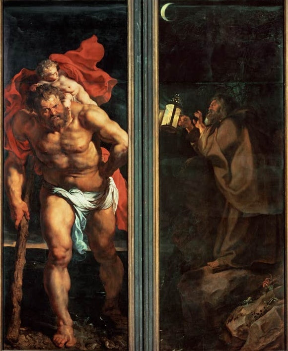 Peter Paul Rubens Der heilige Christophorus Kunstkopie, muskulöser Riese mit Christuskind und Eremit mit Laterne im Mondlicht