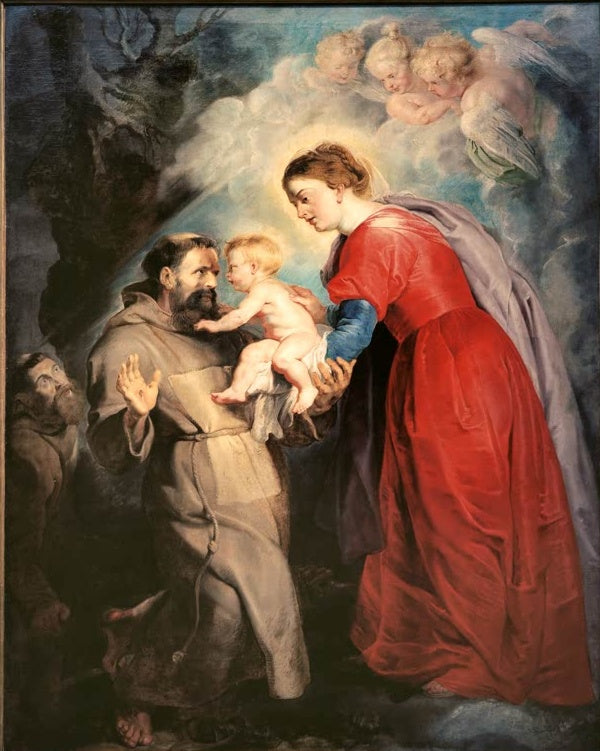 Peter Paul Rubens Der heilige Franziskus empfängt das Jesuskind Kunstkopie, Maria in Rot reicht dem Mönch das Kind