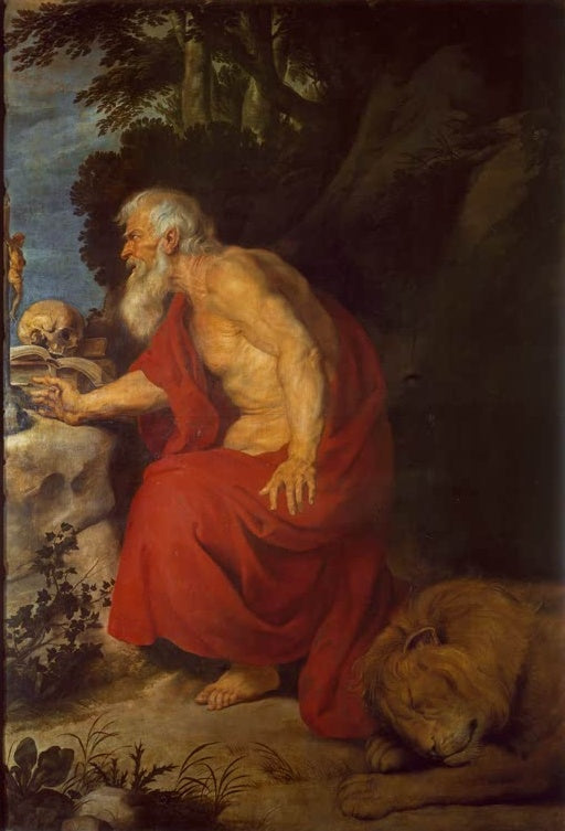 Peter Paul Rubens Der heilige Hieronymus Kunstkopie, Greis im roten Mantel mit Totenschädel, Buch und schlafendem Löwen