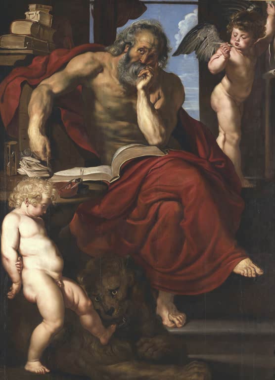 Peter Paul Rubens Der heilige Hieronymus Kunstkopie, Kirchenvater im roten Mantel mit Buch, Löwe und zwei Putten
