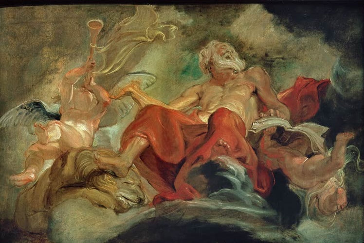 Peter Paul Rubens Der heilige Hieronymus Kunstkopie, Kirchenvater mit Buch auf Wolken, Löwe und Posaunenengel