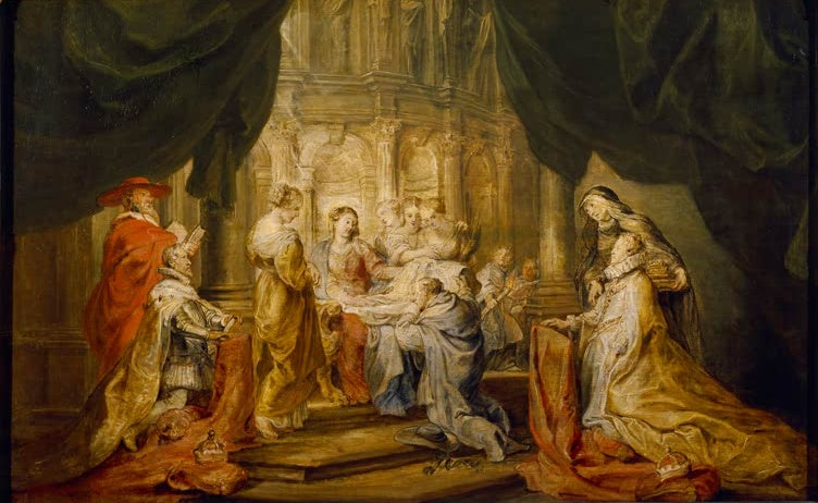 Peter Paul Rubens Der heilige Ildefonso empfängt das Messgewand Kunstkopie, Ölskizze mit kniender Figur und grünen Vorhängen