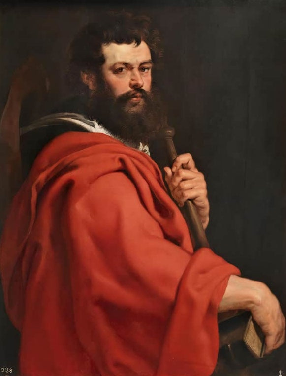 Peter Paul Rubens Der heilige Jakobus der Ältere Kunstkopie, dunkelhaariger Apostel in rotem Mantel mit Pilgerstab und Buch