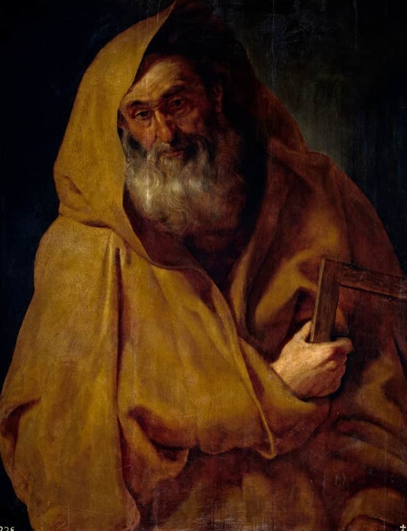 Peter Paul Rubens Der heilige Jakobus der Jüngere Kunstkopie, Apostel in ockerfarbener Kapuze mit hölzernem Attribut