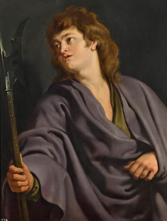 Peter Paul Rubens Der heilige Matthäus Kunstkopie, junger Apostel mit rotblondem Haar, violettem Mantel und Hellebarde