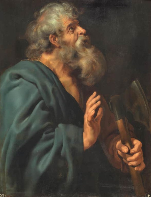 Peter Paul Rubens Der heilige Matthias Kunstkopie, weißbärtiger Apostel in blaugrünem Mantel mit Axt blickt nach oben